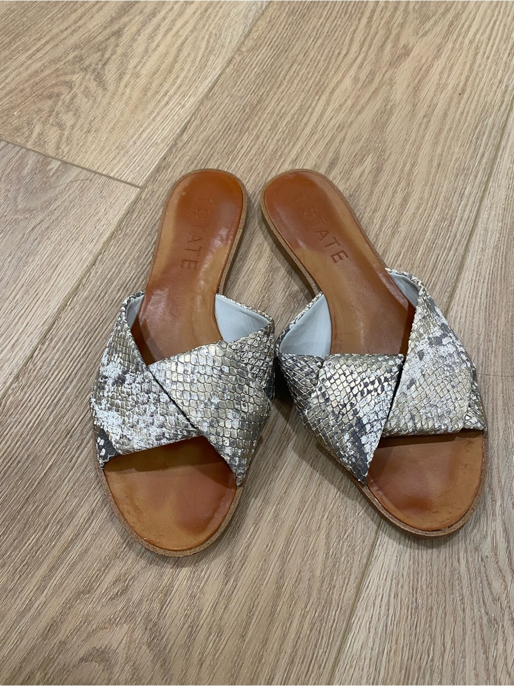 1State Snake-Print Crisscross Slide Sandals in Metallic Neutral